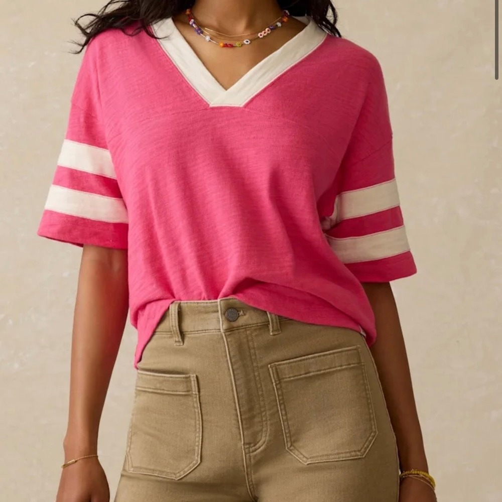 Faherty 100% Organic Cotton Hot Pink Sunwashed Slub Varsity V Neck Tee SZ XL